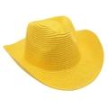 Detail of bright yellow straw cowboy hat with tight woven texture and curved brim - Yellow