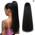 Long straight drawstring ponytail extension in 1B natural black with mesh net pocket - Natural Black (1B)