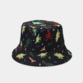 Detailed view of colorful cartoon dinosaur prints on black cotton fisherman hat fabric - Style 7-Black Colorful Dinosaur