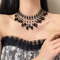 Close-up of a French vintage layered necklace with black faceted beads and teardrop pendant - 15# Necklace—Black Beaded Waterdrop