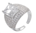 Silver adjustable open ring featuring a large square zircon with micro-pave setting - Adjustable Open / Silver-White Zirconia