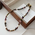 Handmade beaded necklace with natural tiger eye stones, pearls and golden accents - Tourmaline Necklace XL0210