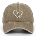 Close-up of heart and dog paw embroidery on washed brown cotton baseball cap - Adjustable / Khaki