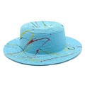 Detailed close-up of colorful paint graffiti texture on a blue straw boater sun hat - M (56-58cm) / Lake Blue Graffiti