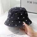 Fashionable dark blue denim bucket hat with rhinestones and short brim for women - Black