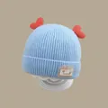 Light blue knit baby hat with red heart accents and soft ear protection design - Double Heart-shaped Hat Blue (for 2 Months To 2 Years Old)