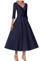 Elegant navy blue satin evening dress with V-neckline and mid-length A-line silhouette - US size 4 (S) / Navy Blue