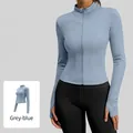 Slim fit yoga jacket in grey-lake blue with stand collar and thumbhole cuffs - S / Tops / Grayish Blue