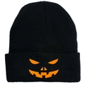 Black knit beanie featuring an orange Halloween Jack-o'-lantern face embroidery - Black Jack-o'-lantern Expression Style (黑色-B)