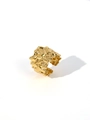 Macro shot of 18k gold plated ring featuring irregular lava texture and metallic finish - Adjustable Open / Irregular Molten Texture