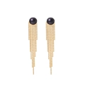 Eleganti orecchini a frangia in oro 18k con perline nere e catenine dorate pendenti - Orecchini a Bottone con Nappa Nera