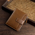 Cartera de cuero marrón vintage para hombre, diseño bifold con cierre de presión y cremallera - Marrón