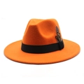 Detail of bright orange wool fedora with black ribbon band and natural spotted feather - Orange