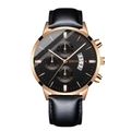 Detailed close-up of a men's quartz watch with black leather strap and gold-tone chronograph dial - Leather Rose Gold Case Black Face