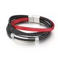 Multi-layer black braided leather and red fabric bracelet with silver magnetic clasp - Steel Color (KB145690-KLHQ)