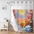 Dettaglio della stampa artistica con cigno bianco su tenda da doccia a doppio strato - SYL-3 Cigno al Tramonto (Solo Tenda) / 181x188cm