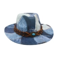 Cappello fedora stile britannico con patchwork denim blu e cinturino in pelle turchese - Azzurro