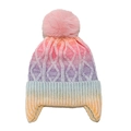 Winter-Strickmütze mit Farbverlauf, rosa Bommel und Ohrenklappen zum Skifahren - Mehrfarbiger Verlauf (A)