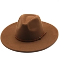 Classic brown wide brim wool fedora hat with a leather strap and metal buckle detail - Khaki