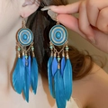 Bohemian blue feather earrings with beads and metal base shown on a model - Blue (7# Ear Hook-Gold)