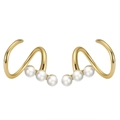 Golden spiral s925 silver earrings featuring three elegant white freshwater pearls - GPE38-14k Spiral Wave Pearl Earrings / Gold