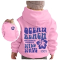 Pink oversized kids hoodie featuring purple Wild Wave 1971 floral back print - 100cm / Pink (Purple Print)