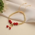 Adjustable cherry fruit pendant bracelet with gold metal beads and red glossy round beads - Adjustable Rope Cherry Style (E000442YS)