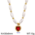 Elegant gold pearl necklace with a red heart-shaped crystal pendant for women - Gold with Red Stone (KN283226-SP)