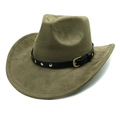 Détail d'un chapeau de cowboy en daim vert olive avec bande en cuir noir et rivets dorés - M (56-58cm) / Vert Militaire