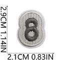 Detail of embroidered number 8 patch in grey and white with precise dimension markings - Grey Number Shape (8)