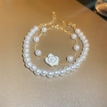 Elegant gold plated double layer camellia flower and pearl charm bracelet set - 66# Bracelet-Gold Plated-Gold Chain-White Camellia