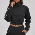 Women's black zip-up tracksuit featuring white side stripes and a high neck collar - S / Tops / Black and White