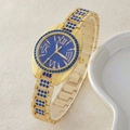 Women's gold quartz watch featuring a deep blue sunray dial and sparkling blue crystals - 5-552 Gold Blue