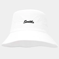 Close-up of white quick-dry bucket hat with black Seattle embroidery and fine stitching - One Size / White