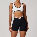 Two-piece yoga set with white U-neck sports bra and black crossover high waist gym shorts - L / Top And Bottom / Swan White (Bra + Shorts)