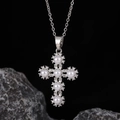 Detailed view of a silver cross pendant with six pearls and sparkling zircon accents - Style 20: Copper Plated With Real Gold + Stainless Steel Chain (color Retention)