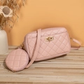 Pink quilted crossbody bag set with gold twist lock and round coin purse on desk - Pink