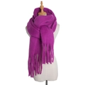 Detail view of purple mohair scarf with tassels on model for winter styling - Purple / Over 175cm