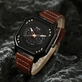 Macro shot of a men's square quartz watch with a brown leather strap on dark rock surface - HK063 Watch Only / Brown