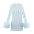 Hellblaues, figurbetontes Minikleid mit eleganten Mesh-Rüschenbündchen auf weißem Hintergrund - XS / Azurblau