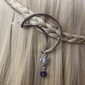 Silver crescent moon hair clip with sea turtle and purple heart gem on blonde braid - Moon Turtle Purple Heart Gem Pendant