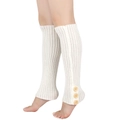 Detailed knit texture and three wooden buttons on white ribbed long leg warmers - One Size / White
