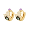 Detail view of golden Hamsa Hand earrings with blue enamel and purple beads for women - Lavender (E750-5)