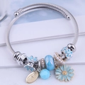 Bohemian silver wire bangle featuring blue enamel daisies, glass beads and crystals - 4# Blue Flower & Daisy