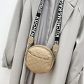 Beige quilted round crossbody bag with stylish patterned wide shoulder strap - Khaki