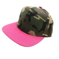 Flat brim hip hop hat featuring camouflage crown and bright pink peak contrast - One Size / Camo + Rose Red Brim