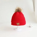 Red knit baby hat with brown faux fur pom pom and cute bear leather patch - Bear Label Single Hat / Red