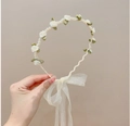 Floral fairy wreath headband with white fabric roses, pearls and long organza ribbons - Creamy White Flower Headband