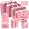 Pink 8-piece travel luggage organizer set with mesh bags and laundry pouches - Digital & Toiletry 9-Piece Set / Pink