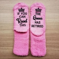 Pink fuzzy socks featuring black 'If You Can Read This' text and crown on the sole - OPP Bag Packaging / Pink-Crown Queen Retired